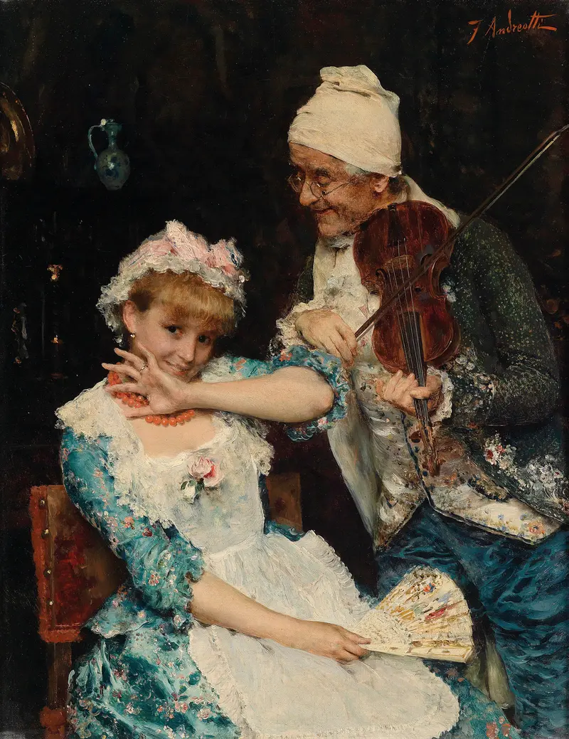 Figurative oil painting by Federico Andreotti depicting a musician with light and shadow.