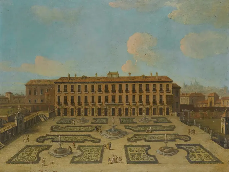 Rococo scene depicting figures in a garden near a palace by Follower of Francesco Battaglioli