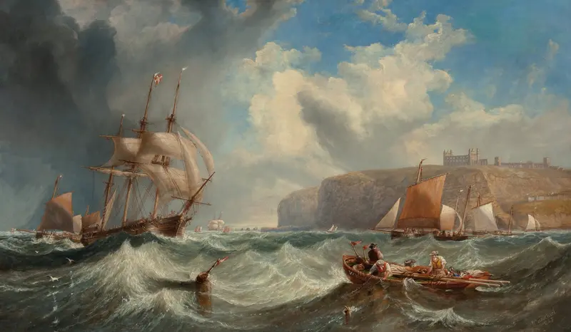 Oil painting by James Wilson Carmichael depicting a boat navigating the ocean.