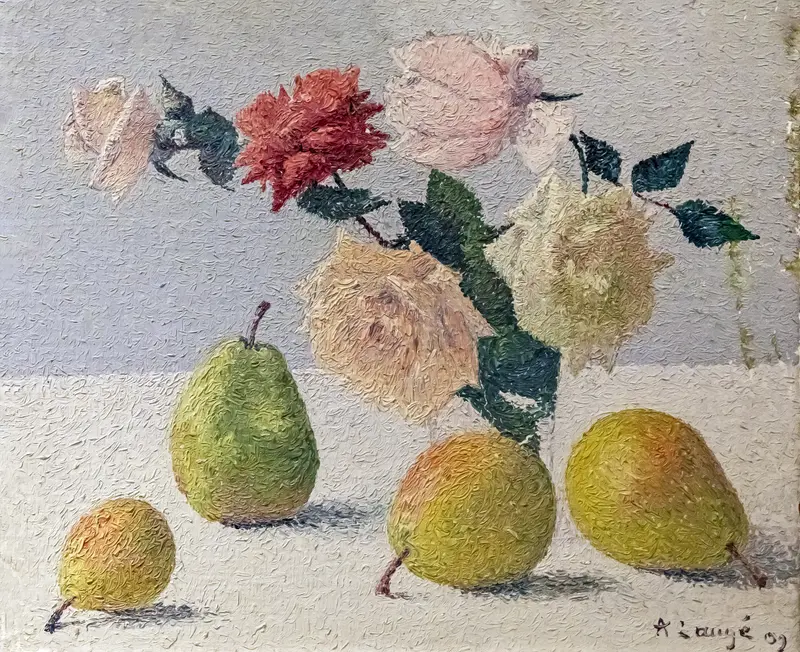 A still life featuring pears and flowers, with soft light illuminating the scene.