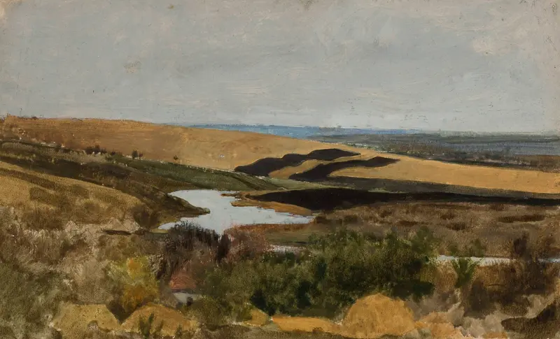 Landscape from Ukraine by Stanisław Masłowski, oil on canvas depicting fields and a tranquil sky.