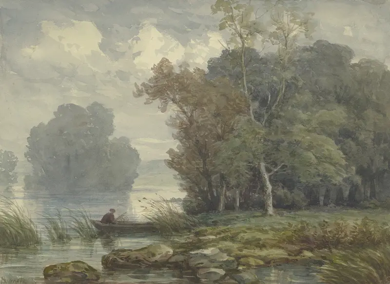 River landscape with a solitary figure in a boat, oil painting by Peter Burnitz