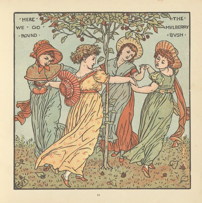 Walter Crane's 'The Mulberry Bush' depicts children playing around a bush, showcasing a vibrant scene.