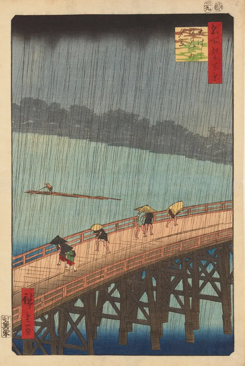 Six people cross a wide wooden bridge in heavy diagonal rain with a boatman on the river beneath and dark clouds above.