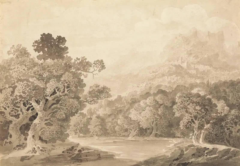 Forested river bank with hill town and mountain peaks, oil on canvas by John Martin