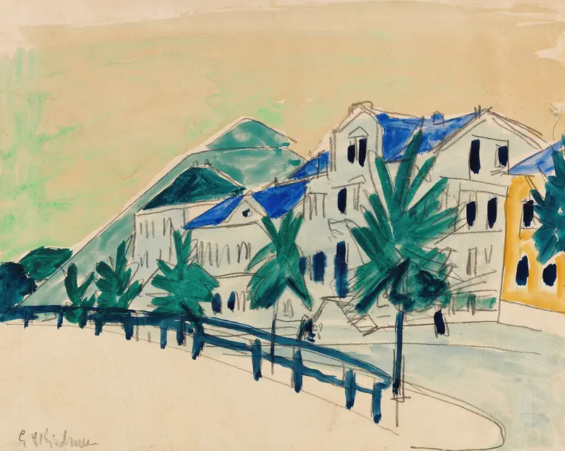 Häuser mit Allee by Ernst Ludwig Kirchner, oil on canvas depicting colorful houses and an alley.