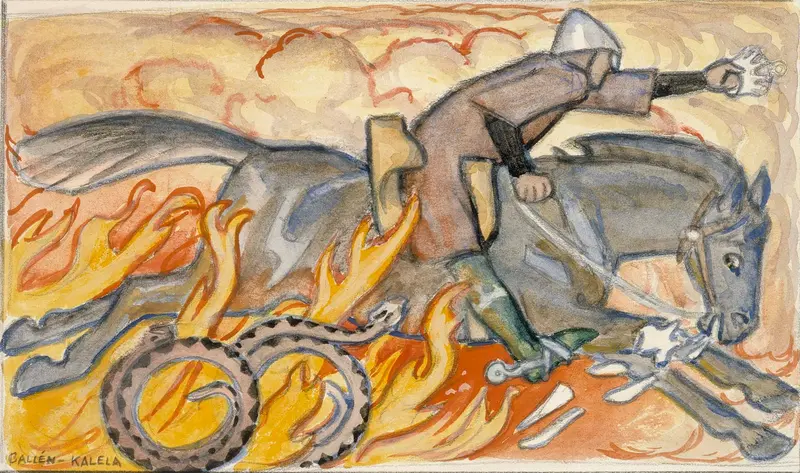A knight on a charging horse confronts a coiled snake amidst flames and smoke.