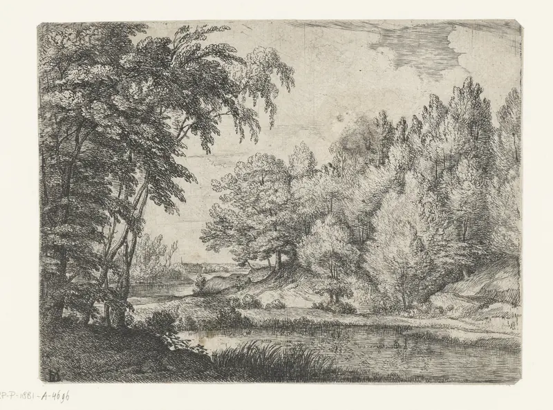 Landschap met een kronkelende rivier, etching by Lodewijk de Vadder showing a winding river through lush greenery.