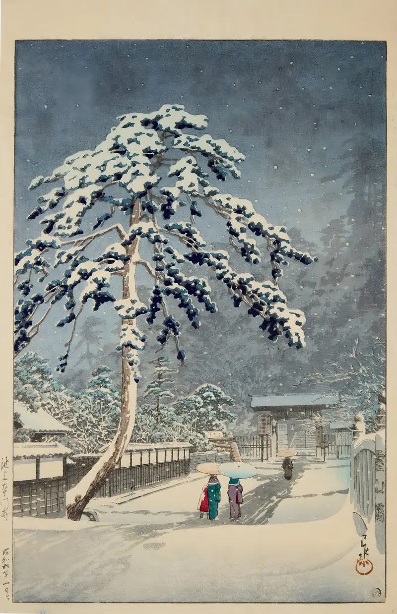 Ikegami Honmonji woodblock print by Kawase Hasui depicting a tranquil temple at dusk
