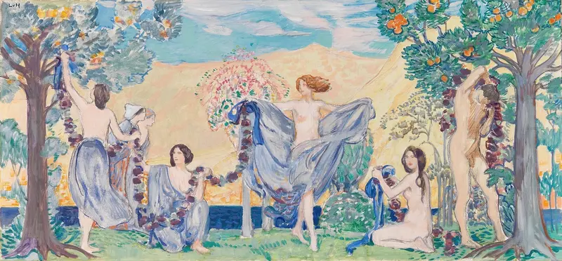 Ludwig von Hofmann's 'Kränzewinden' features a dreamlike scene with figures entwined in nature.