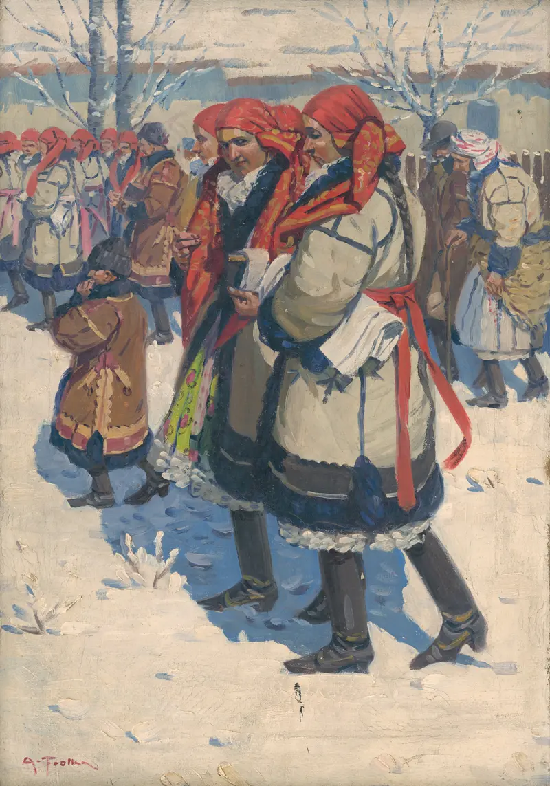 Two women in traditional dress with red scarves converse in a snowy landscape, accompanied by a child in a fur-trimmed coat.