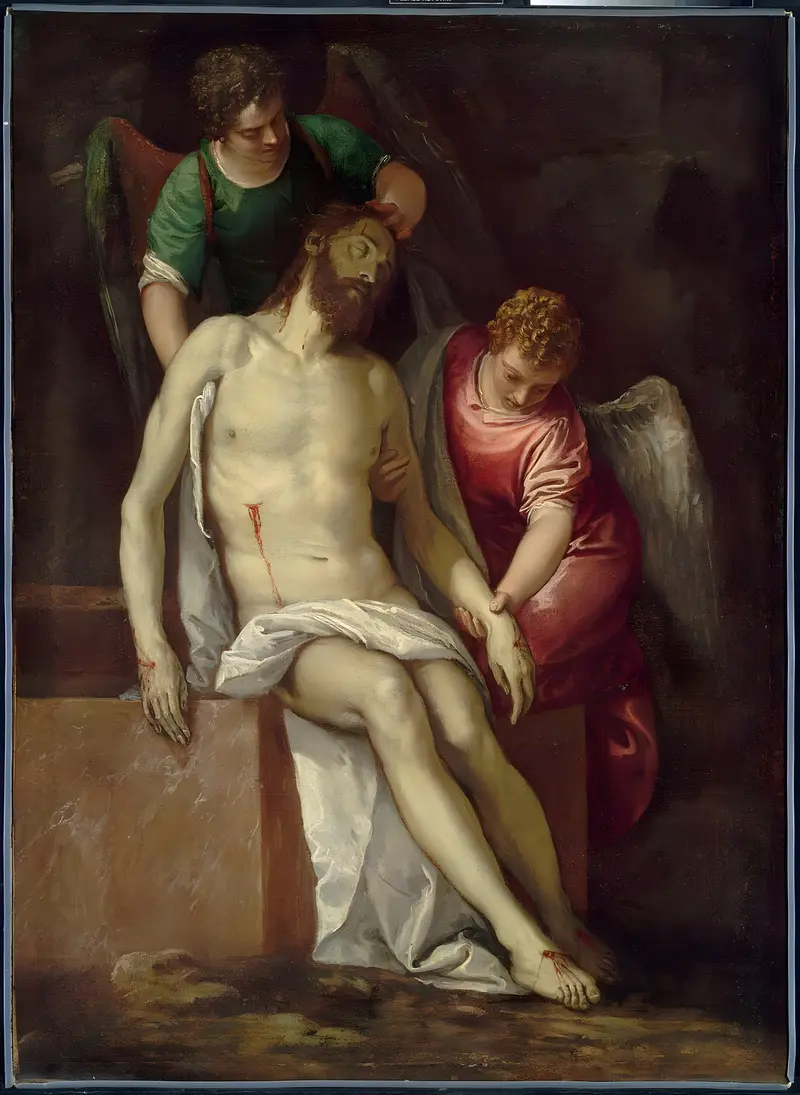 The Dead Christ Supported by Angels by Paolo Veronese depicts Christ's lifeless body cradled by sorrowful angels.