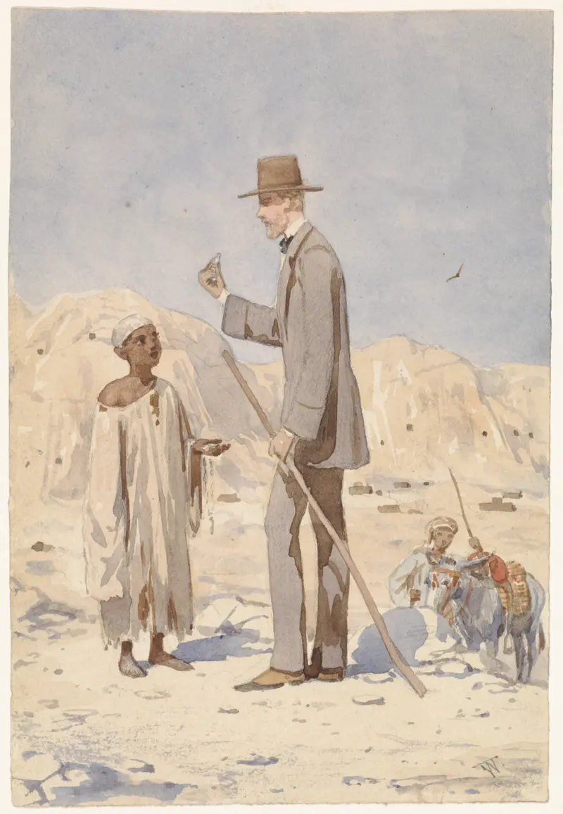 This painting depicts Louis Philippe Albert d’Orleans at an archaeological site in Egypt.