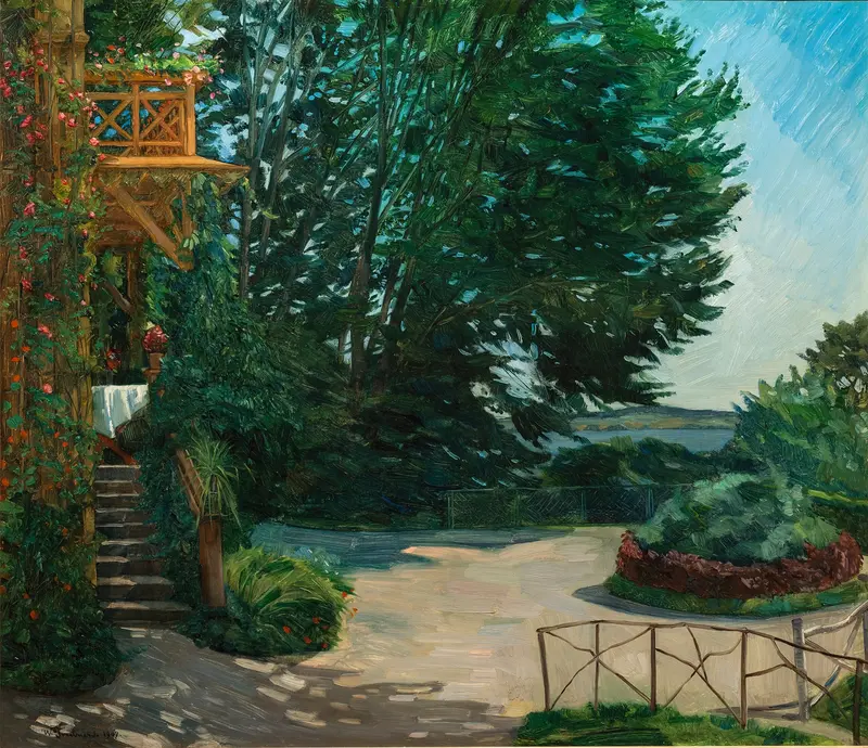 Botanical scene with lush foliage and flowers by Wilhelm Trübner, Impressionism