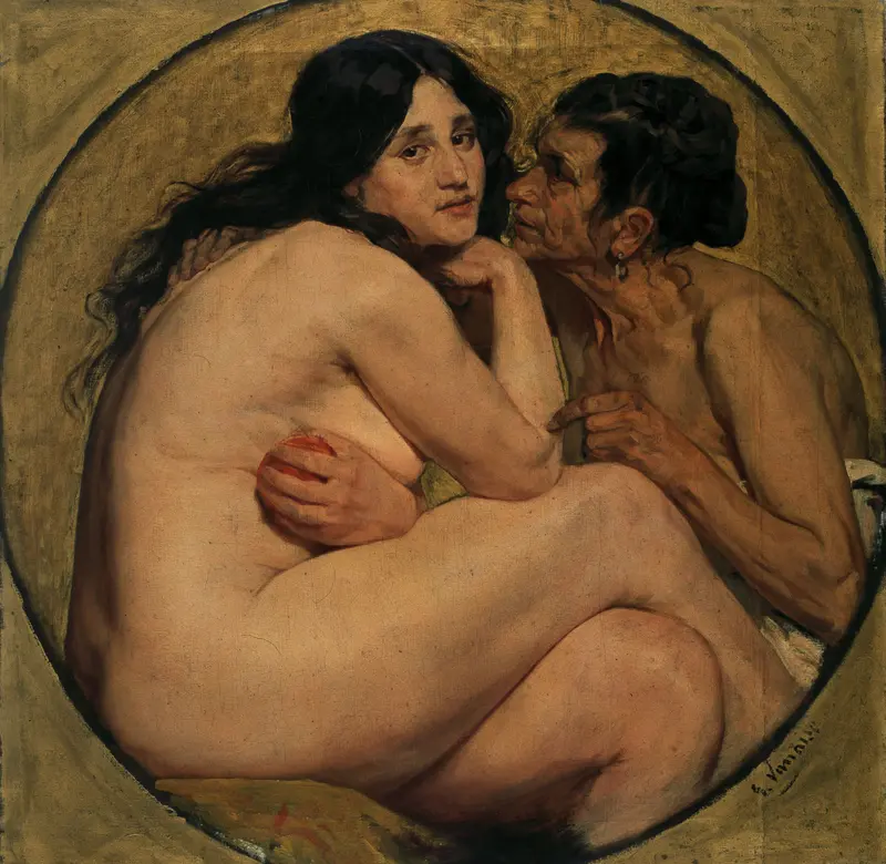 A painting depicting Eve in a moment of temptation.