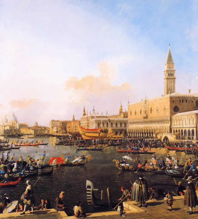 A vibrant depiction of the Marriage of the Sea ceremony in Venice, showcasing the Doge's barge amidst a festive crowd.