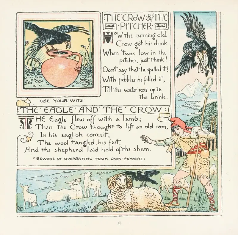 A painting depicting a crow and an eagle interacting with a pitcher.