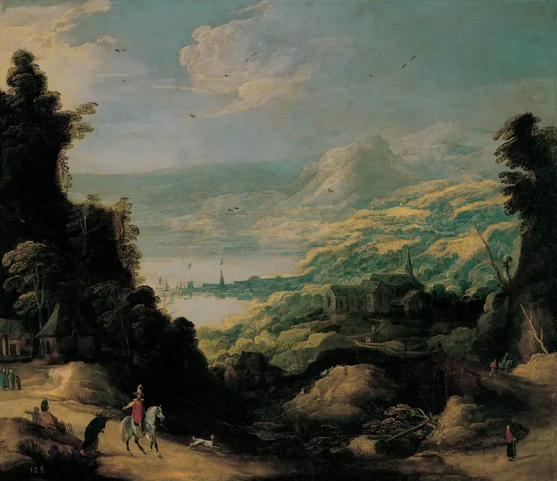 Mountain Landscape by Joos de Momper, oil painting depicting sunlight over mountains and a lush valley.