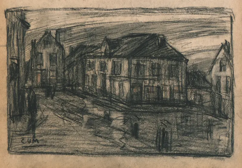 Eugeen Van Mieghem oil painting depicting a cobblestone street with figures and light interplay
