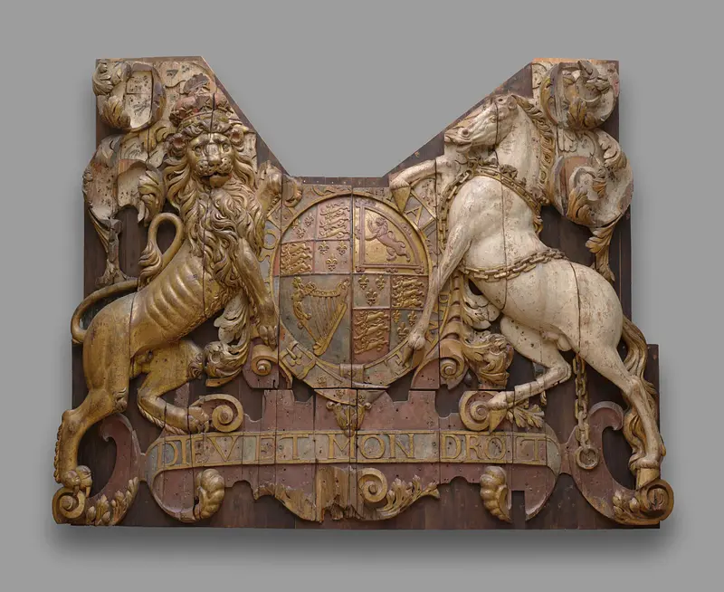 Stern carving of royal arms in wood by unknown artist