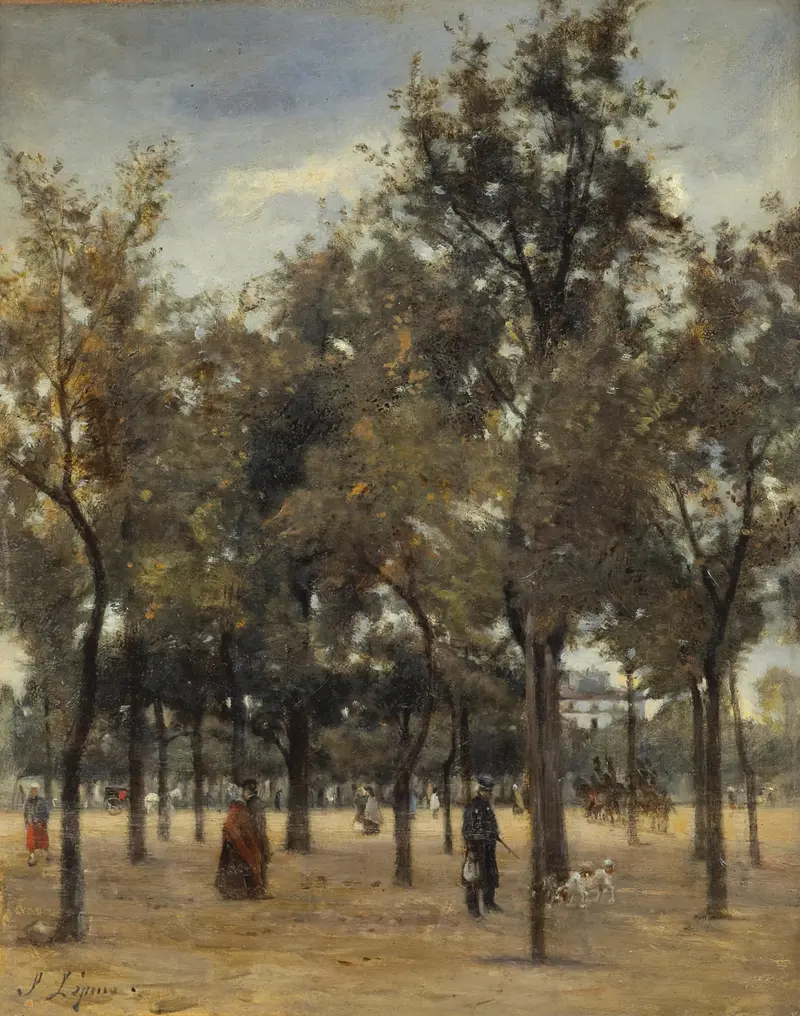 L’esplanade des Invalides by Stanislas Lépine, oil painting depicting figures and architecture.