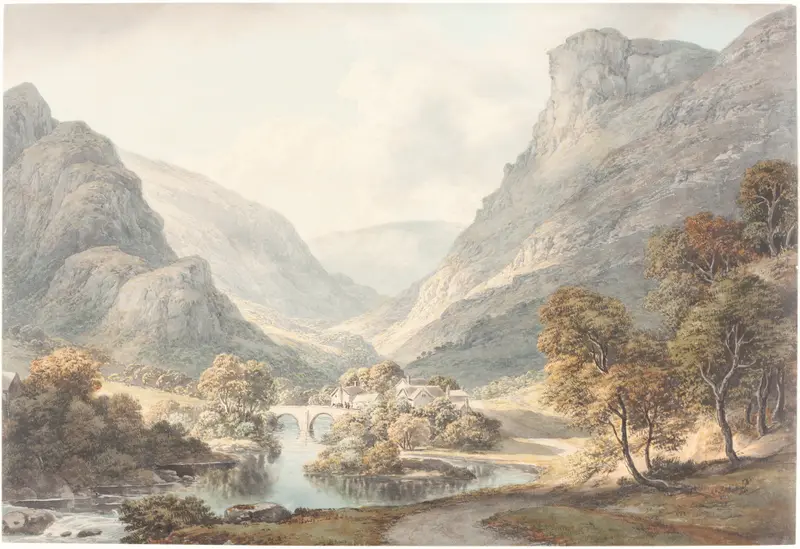 A View of Dovedale by John Glover, oil on canvas depicting rolling hills and golden light
