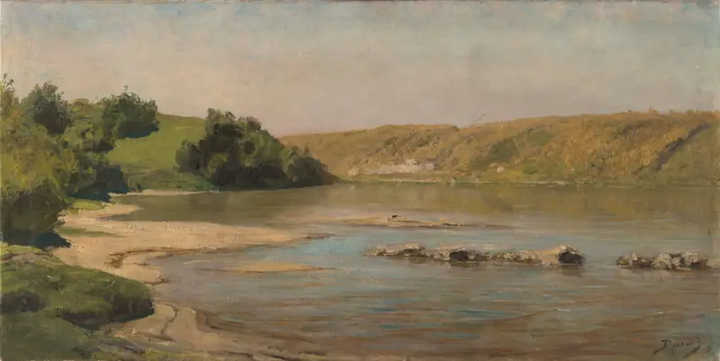 Oka River oil painting by Vasily Dmitrievich Polenov, featuring a winding river and lush greenery.