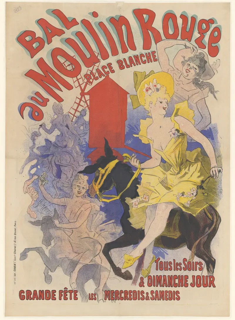 A vibrant depiction of a lively dance scene at the Moulin Rouge.