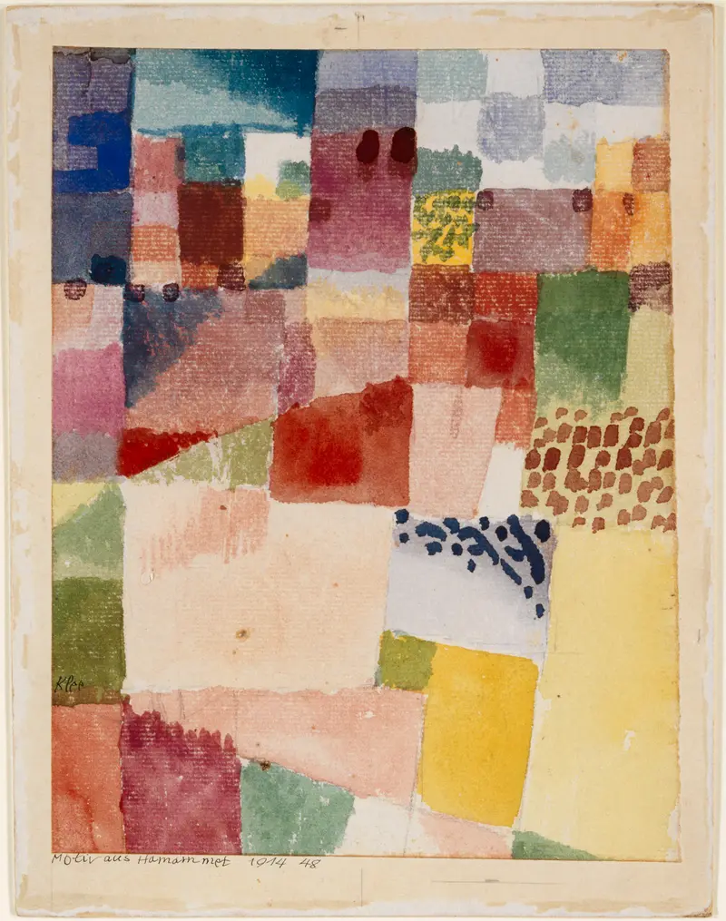 Paul Klee's 'Motif from Hammamet' features vibrant colors and abstract forms.