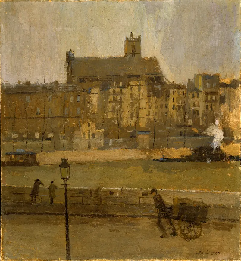 Oil on canvas by Frank Edwin Scott depicting a tranquil riverbank with a church and reflections