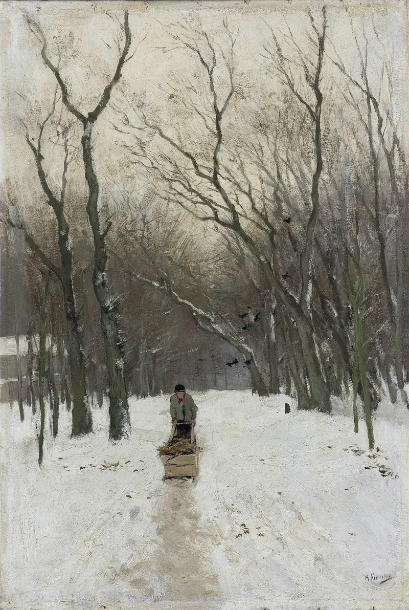 Winter landscape with snow-covered woods, oil on canvas by Anton Mauve