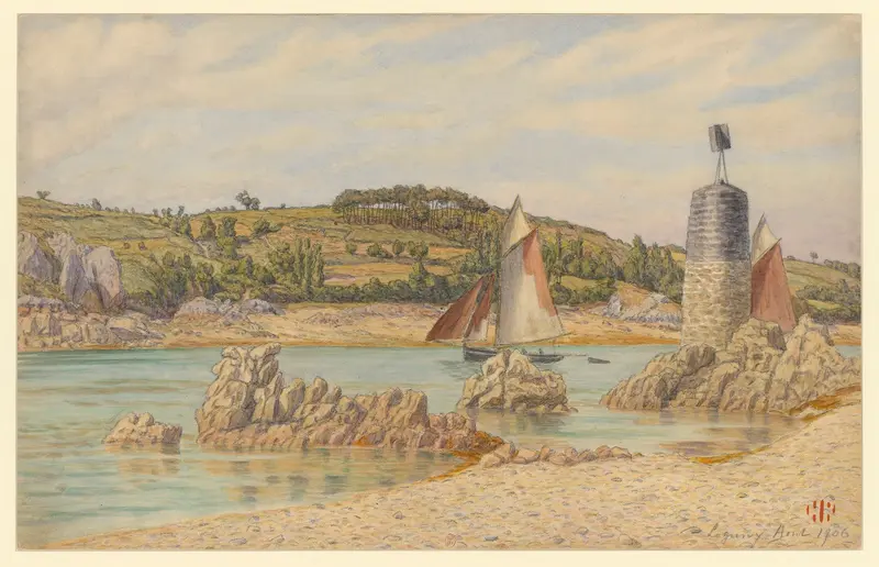 Marine scene with a lighthouse at dusk, oil painting by Henri Rivière