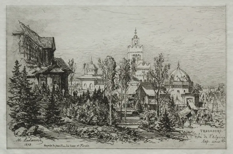 The Algerian Palace at the Trocadero by Maxime Lalanne, depicting architecture in an unknown medium.