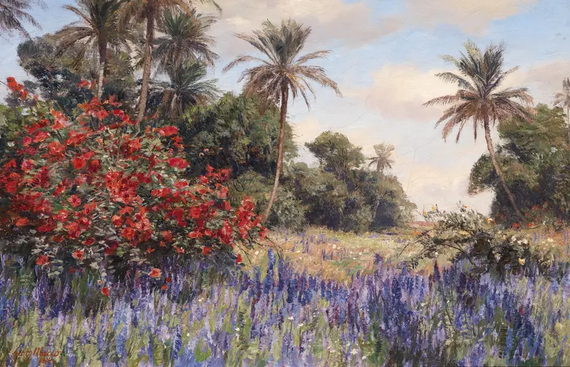 Lavender fields under a cerulean sky, oil on canvas by Georg Macco