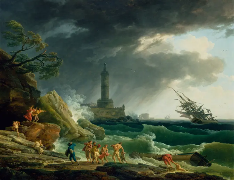 A Storm on a Mediterranean Coast, oil painting by Claude-Joseph Vernet, depicting crashing waves and dark skies.