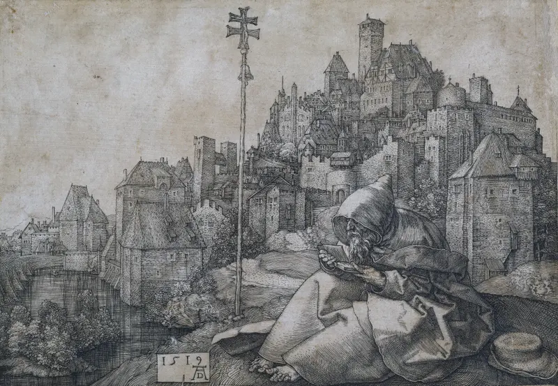 Albrecht Dürer's 'Saint Anthony' depicts the saint surrounded by symbolic elements.
