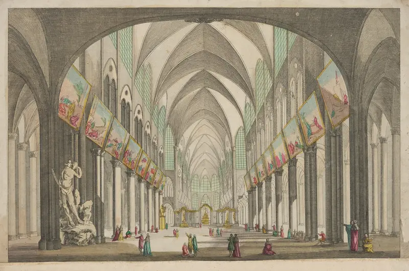 Perspective view of Notre Dame Cathedral interior, Gothic architecture, unknown artist
