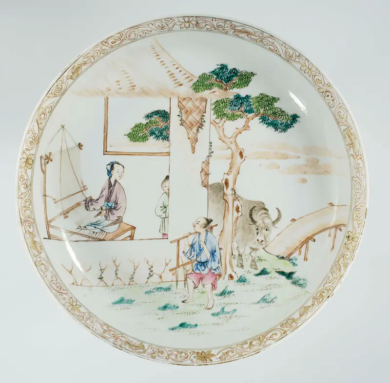 Dish depicting The Cowherd and the Weaver Girl, ink on silk, unknown artist