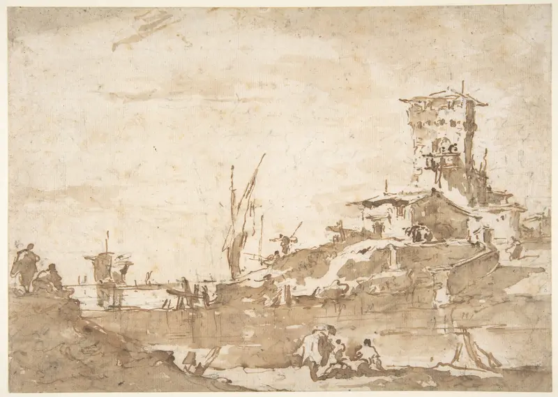 Francesco Guardi's 'Lagoon Capriccio with a Tower' features a serene Venetian landscape.