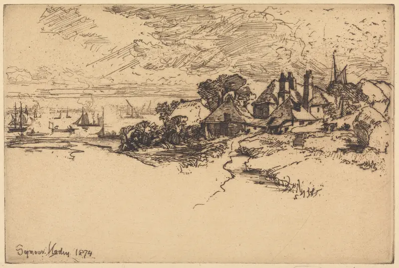 Landscape featuring a farmhouse surrounded by greenery, oil painting by Francis Seymour Haden