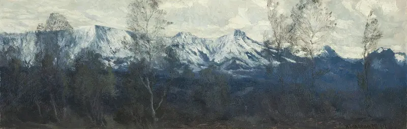 Wintertag by Michael Licklederer, oil painting depicting a winter landscape with mountains and snow.