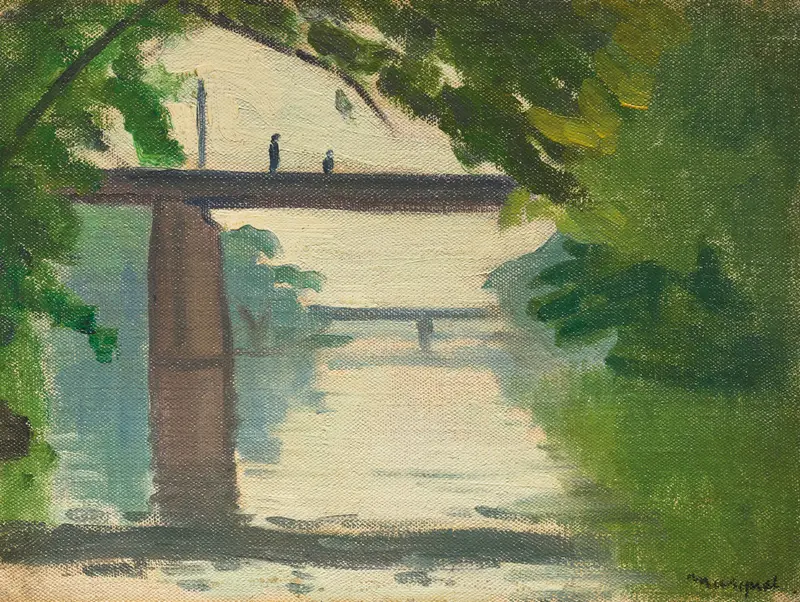 Silhouettes sur un pont de la Marne, oil on canvas by Albert Marquet showing figures on a bridge at dusk.