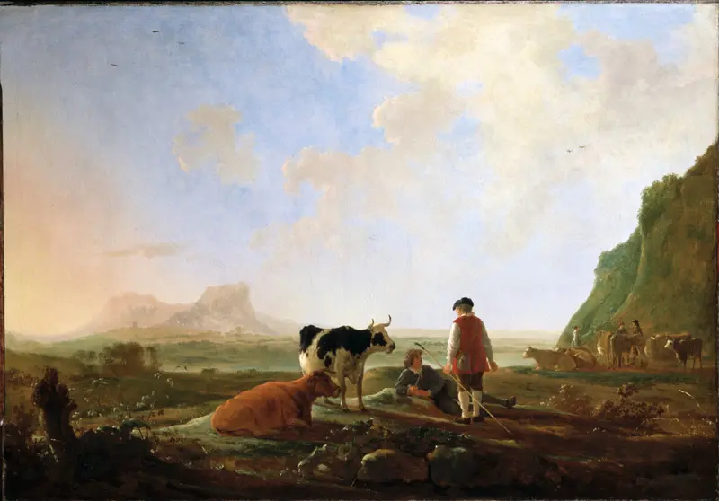 Herdsmen with Cows by Aelbert Cuyp, oil painting depicting herdsmen and cows in golden light