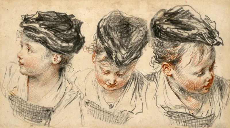A painting featuring three head studies of a girl wearing a hat by Jean-Antoine Watteau.