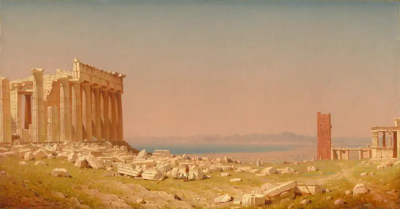 Ruins of the Parthenon by Sanford Robinson Gifford, oil on canvas, featuring crumbling columns and a glowing sky.