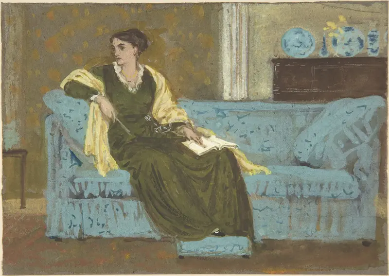 A Victorian painting depicting a woman seated on a sofa.