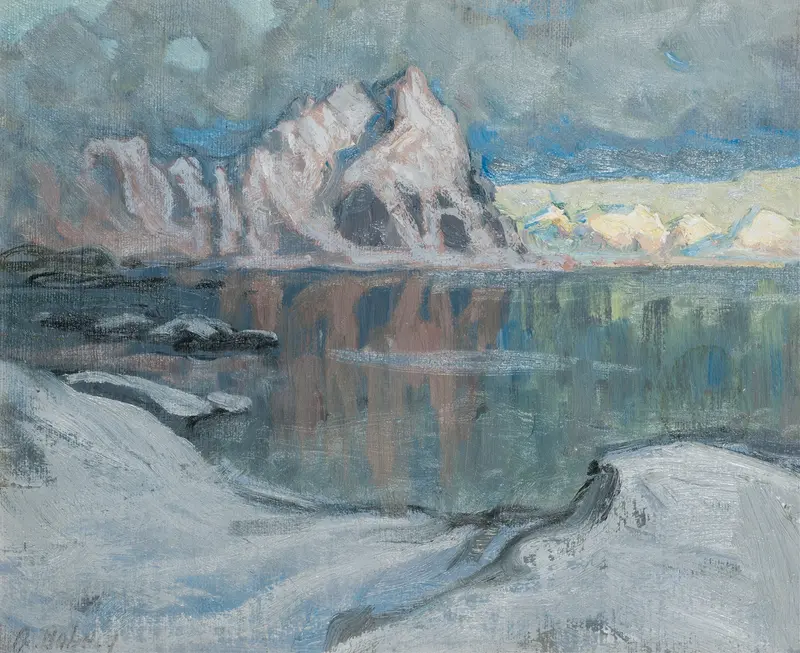 Marine scene with boats and mountains, oil painting by Anna Boberg