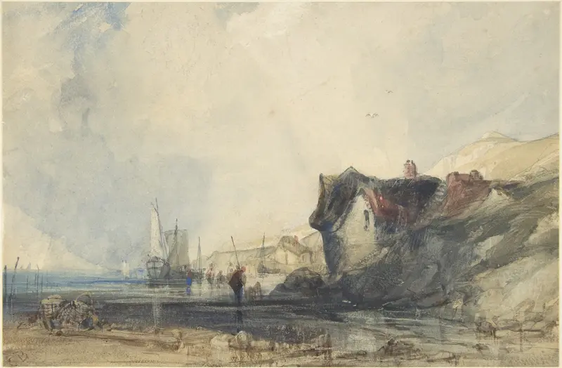 View on the Coast at Deal, oil on canvas by Charles Bentley, depicting gentle waves and a vibrant sky.