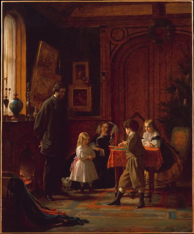 A family gathered around a Christmas tree in a cozy interior.