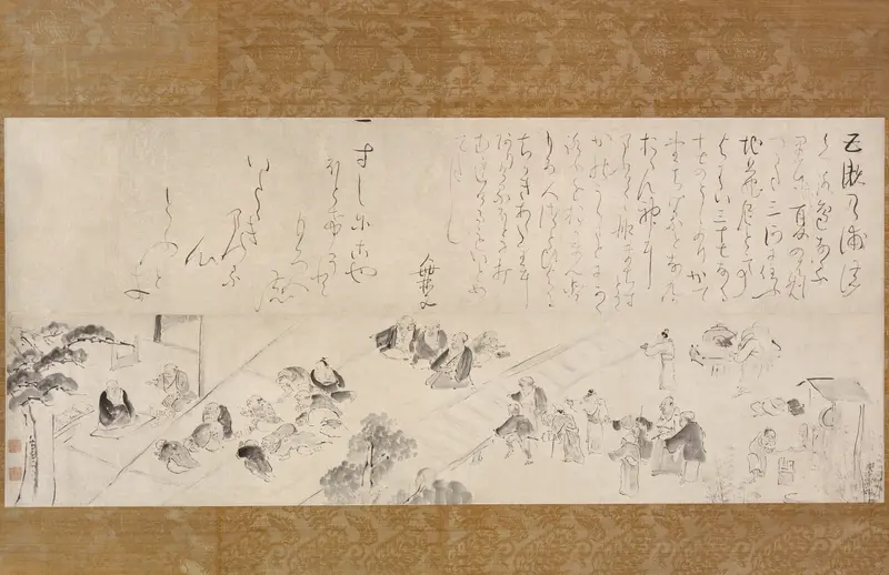 Group Pilgrimage to the Jizo Nun by Ike Taiga, ink on paper depicting pilgrims in a serene setting.